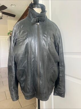 Overland waxed lambskin distressed charcoal gray leather moto  jacket  XL